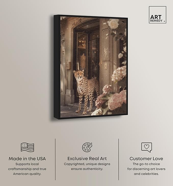 Art Remedy Cheetah at the Store Canvas Fashion Designer Wall Art, Black Frame, 36" x 54"