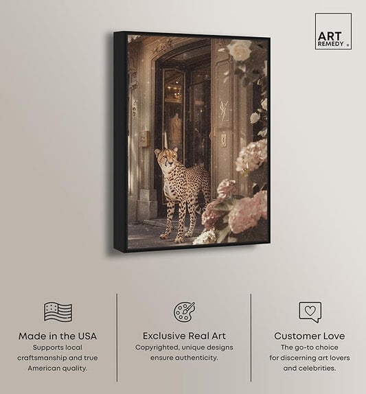 Art Remedy Cheetah at the Store Canvas Fashion Designer Wall Art, Black Frame, 24" x 36"