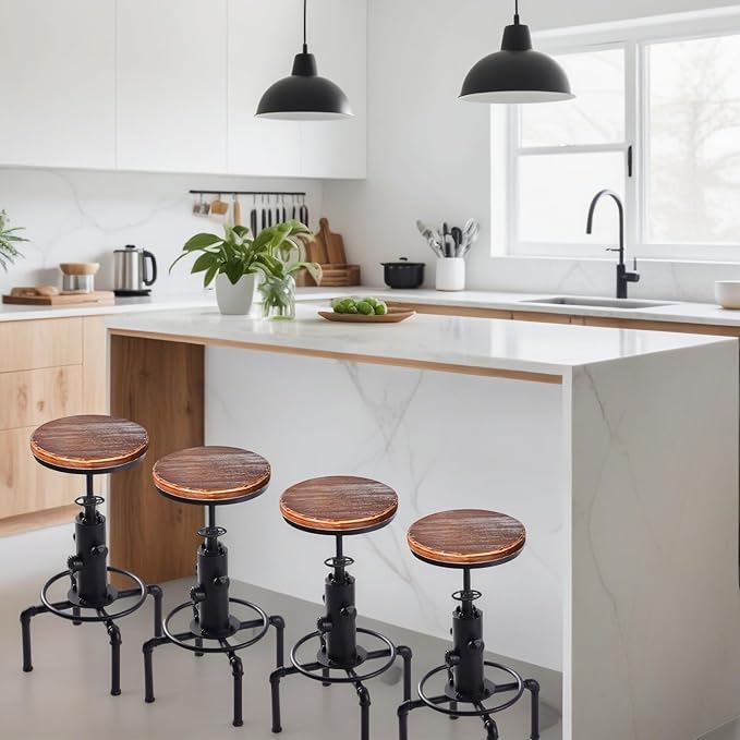 Vintage Industrial Bar Stools,Kitchen Counter Bar Stool Height Adjustable 23.6"-29.5" Swivel Bar Stool, Solid Wood Water Pipe Fire Cafe Pub Bar Stool,Set of 2, Black