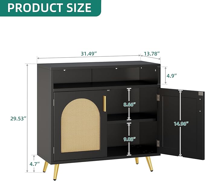 YITAHOME Buffet Cabinet with Storage, Storage Cabinet with Rattan Decor Doors and Adjustable Shelves for Hallway, Living Room, Black