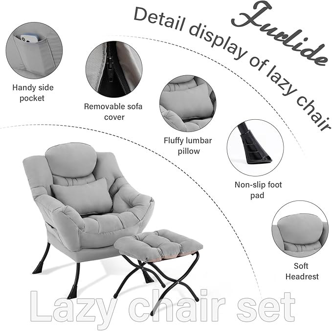 Lazy Chair with Ottoman, Modern Lounge Chair with Lumbar Pillow, Accent Cozy Reading Armchair and Folding Footstool for Bedroom, Dorm, Living Room,Light Grey
