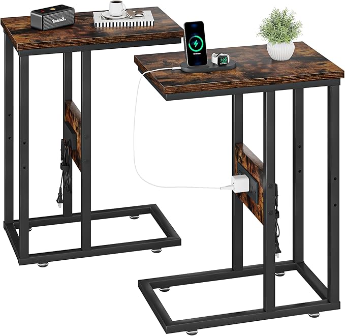 VECELO C Shaped End Table with Charging Station & Power Outlets, Quick Access Side Table for Sofa, C Bedside for Living Room Bedroom 2 Set,Brown