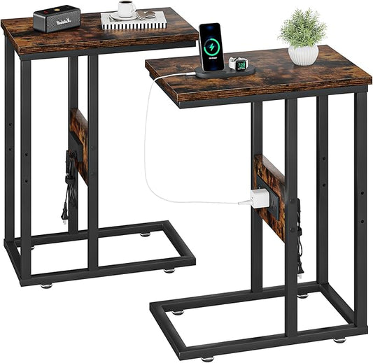 VECELO C Shaped End Table with Charging Station & Power Outlets, Quick Access Side Table for Sofa, C Bedside for Living Room Bedroom 2 Set,Brown