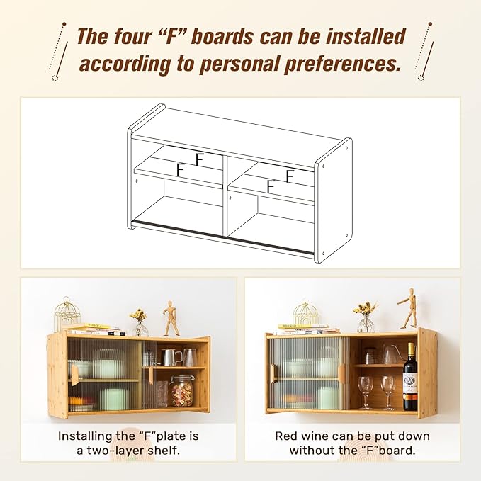 HollyHOME Small Bamboo Wall Mounted Kitchen Pantry Sideboard with 2 Doors and Adjustable Shelves, Coffee Wine Bar Storage Cabinet for Liquor and Glasses, Dining Cupboard for Bottle, Dish, Burlywood