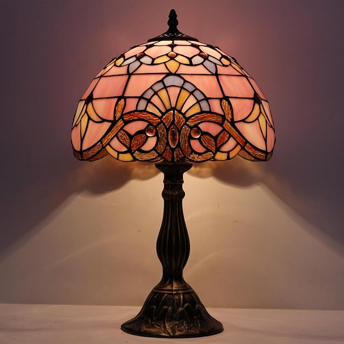 WERFACTORY Tiffany Lamp Stained Glass Table Lamp 12X12X18 Inch Pink Baroque Style Lavender Bedside Reading Desk Light Decor Bedroom Living Room Home Office S003P Series