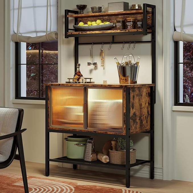 Bestier Coffee Bar with Storage, 5 Tier Microwave Stand with LED Lights, Kitchen Bakers Rack with Cabinet, Heavy Duty Storage Shelves for Kitchen Garage Pantry(Rustic Brown)