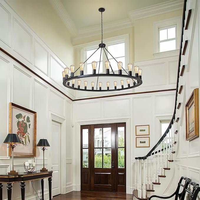 Wagon Wheel Chandelier 24-Light 48-Inch, Black Round Rustic Farmhouse Chandelier Extra Large for High Ceilings, Dining Room, Living Room
