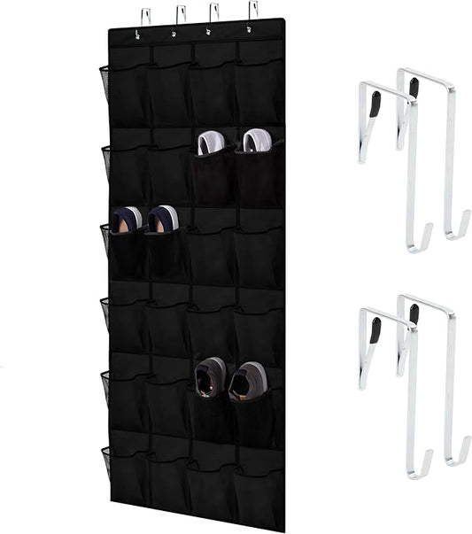 HOME GENIE Over the Door Hanging Shoe Organizer, 24 Breathable Mesh Pockets, Closet Rack Storage Holder, Stay in Place Hooks Hang on Closets, Hanger Holds Up to 40 lbs for Shoes, Accessories, Black