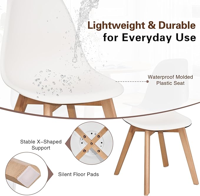VECELO Dining Chairs Set of 4, Mid-Century Modern Kitchen & Dining Room Chairs, Molded Plastic Seat & Back, Solid Wood Legs, Armless, Non-Slip Feet, White