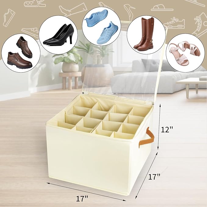 TheElves Shoe Organizer for Closet,Foldable Shoe Box Storage Containers 16 Pack with Transparent Lid,Large Shoe Bin Storage Containers with 3 Handles-White