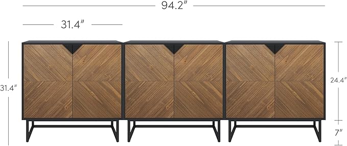 Nathan James Enloe Modern Sideboard Buffet Storage Accent Cabinet TV Stand with Doors in Rustic Pine Wood Finish and Matte Metal Base for Hallway, Kitchen or Living Room, Walnut Brown/Black, Set of 3