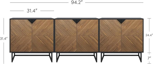 Nathan James Enloe Modern Sideboard Buffet Storage Accent Cabinet TV Stand with Doors in Rustic Pine Wood Finish and Matte Metal Base for Hallway, Kitchen or Living Room, Walnut Brown/Black, Set of 3