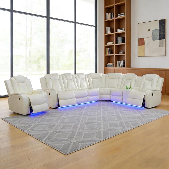 Power Recliner Sectional Sofa Set, Creamy Leather Sectional Couch and Chair for Living Room, L Shape Reclining Sofa with Cup Holder, Hidden Storage, Coffee Table for House(7 Seat)