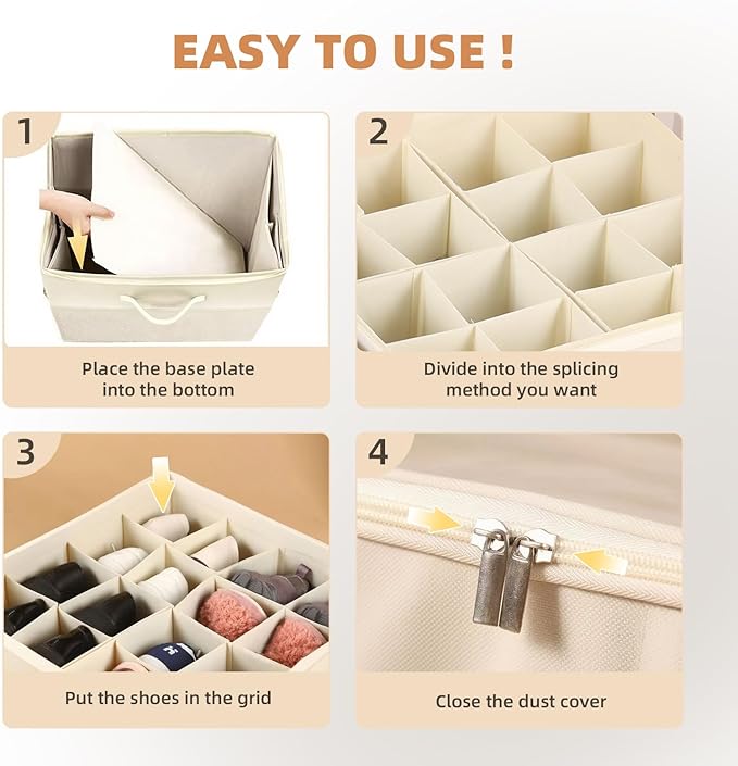 2 Pack Shoe Organizer for Closet: Fits up to 16-32 Pairs, Foldable Shoe Storage Organizer Bin with Adjustable Dividers and Clear Cover, Shoe Storage Containers for Wardrobe
