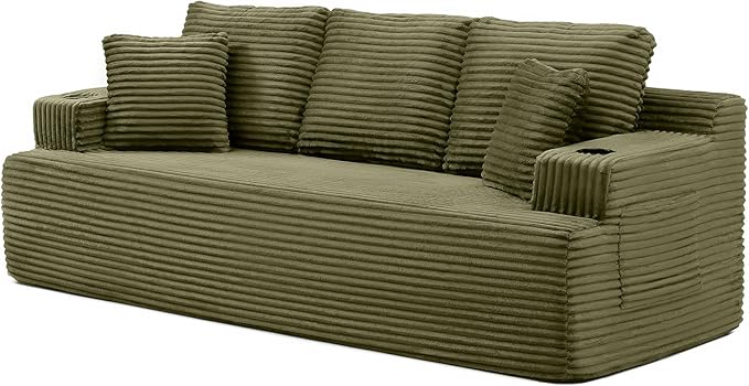 Eafurn Floor Loveseat Boneless Sofa Couch in a Box with Cup Holder and Side Pockets, 3 Seater Comfy Corduroy Upholstered Foam Couch with Deep Seating for Living Room,No Assembly | Breathable material, Cupholders