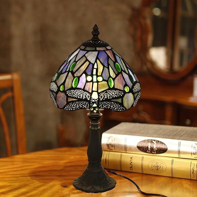 Tiffany Small Table Lamp Blue Dragonfly Hand-Made Stained Glass Table Lamps for Bedroom 8.5X8.5X15 Inch Night Light Bedside Nightstand Home Office Desk Lamp W/ E12 LED Bulb