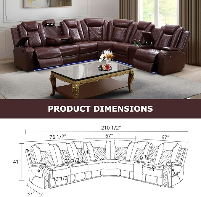 Power Recliner Sectional Couch with LED, Leather Reclining Sofa for Living Room, Muti-Functional Recliner Corner Sofa with Storage Console/Cup Holders/USB Ports (Dark Red, SECTIONAL)