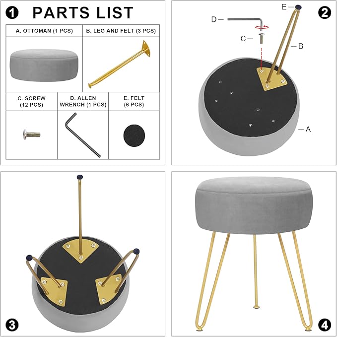 Velvet Soft Modern Vanity Stool -Round Footrest Stool Ottoman Side Table Seat Dressing with Golden Metal Leg and Sponge Filling,Upholstered Foot Rest, for Living Room and Bedroom (Gray)