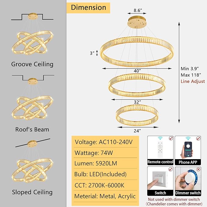 24''+32''+40'' Modern Ring Chandelier Crystal Chandeliers for Dining Room Round LED Dimmable Ceiling Light Fixture for Living Room Bedroom Lighting Gold