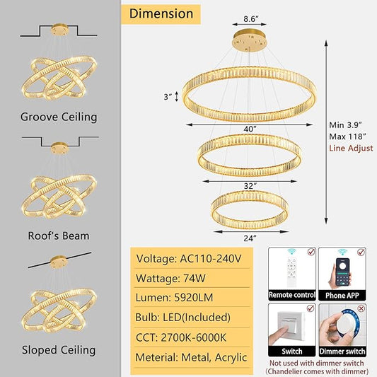 24''+32''+40'' Modern Ring Chandelier Crystal Chandeliers for Dining Room Round LED Dimmable Ceiling Light Fixture for Living Room Bedroom Lighting Gold