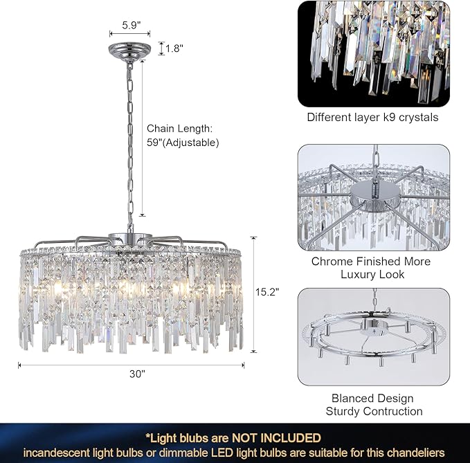 Large Crystal Chandelier 30'' Chrome Modern Chandelier for Dining Room 10 Light Drum Chandelier Luxury K9 Raindrop Crystal Ceiling Pendant Fixtures for Living Room Bedroom Staircase Foyer