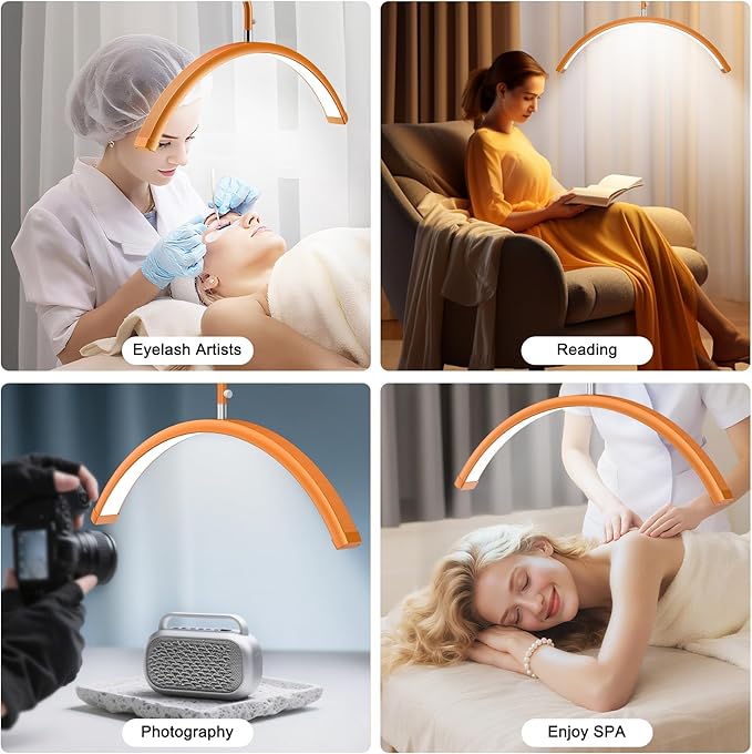 AURELLE Half Moon Lash Light - Adjustable LED Floor Lash Lamp with 4X Magnifier & Phone Holder for Eyelash Extensions,Nail Art,Tattoo,Skincare,Salon SPA-Dimmable Brightness,Rotating Head, Orange