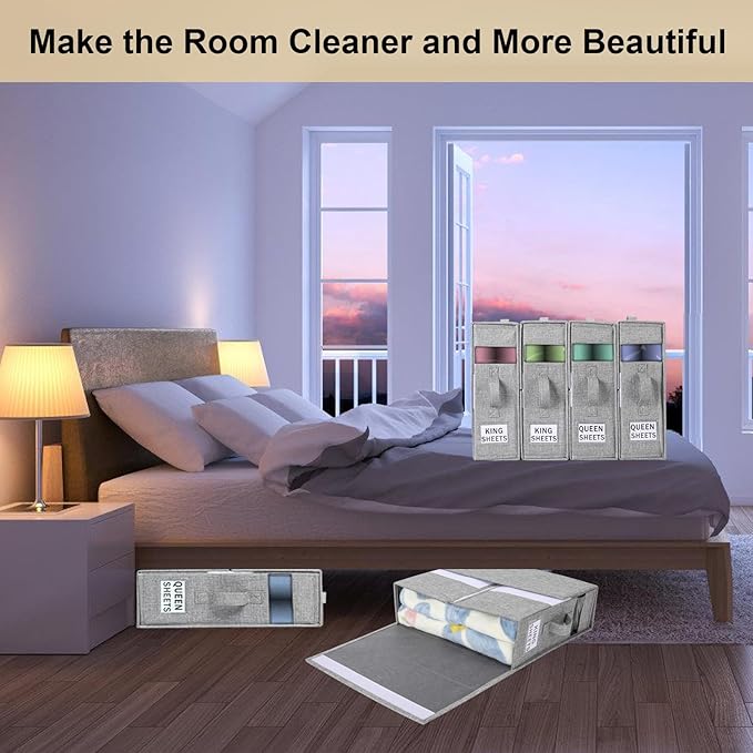 Bed Sheet Organizers and Storage Foldable Linen Sheet Organizer with Window and Label Organizing Bedding Container Queen King Size for Blankets Clothes Sheet Set