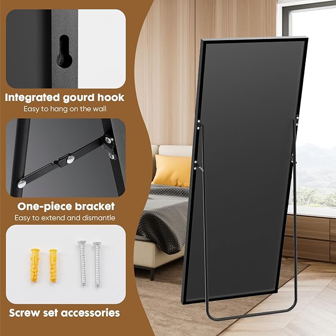 OLIXIS Full Length Mirror 71.1"x25.5" for Bedroom, Full Body Mirror with Stand, Hanging or Leaning for Wall, Aluminum Alloy Thin Frame Floor Standing for Living Room, Long, Deep Black