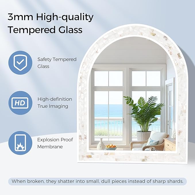 Tanmicoshomy White Arched Wall Mirror 24x36 Inches, Mosaic Bathroom Mirror with Shell Frame for Bathroom Living Room Bedroom or Entryway
