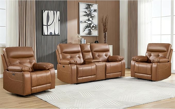 CANMOV Genuine Leather Power Recliner Sofa Set, Two Power Recliner Chair and Loveseat Set, 3 Pieces Leather Couch with Storage Console, USB Ports, Cup Holders for Living Room,Brown