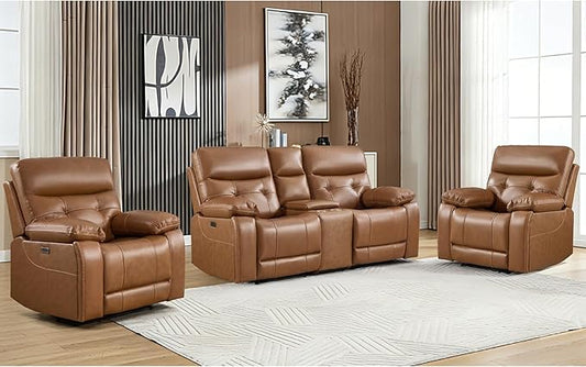 CANMOV Genuine Leather Power Recliner Sofa Set, Two Power Recliner Chair and Loveseat Set, 3 Pieces Leather Couch with Storage Console, USB Ports, Cup Holders for Living Room,Brown