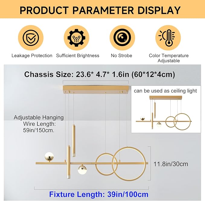 LED Gold Chandeliers for Dining Room, 39in Dimmable Modern Chandelier Gold Pendant Lights for Kitchen Island, Linear Ring Globe Pendant Light Fixtures Dining Room Lights Ceiling Hanging