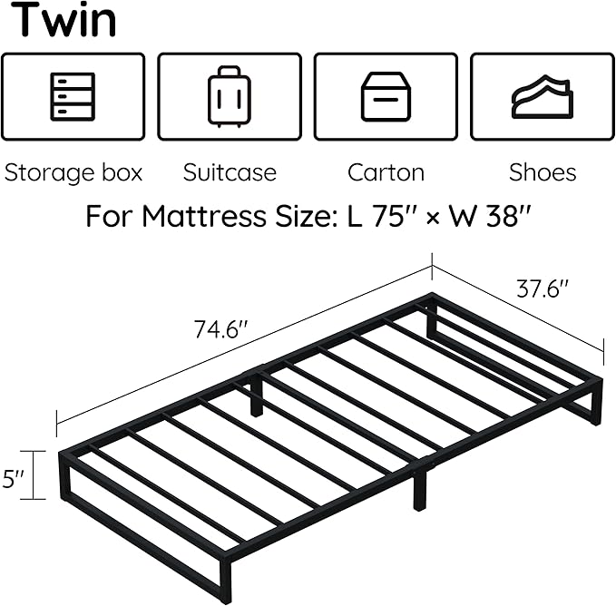 5 Inch Twin Bed Frames, Metal Platform Mattress Foundation with Steel Slat Support, No Box Spring Needed, Easy Assembly, Black