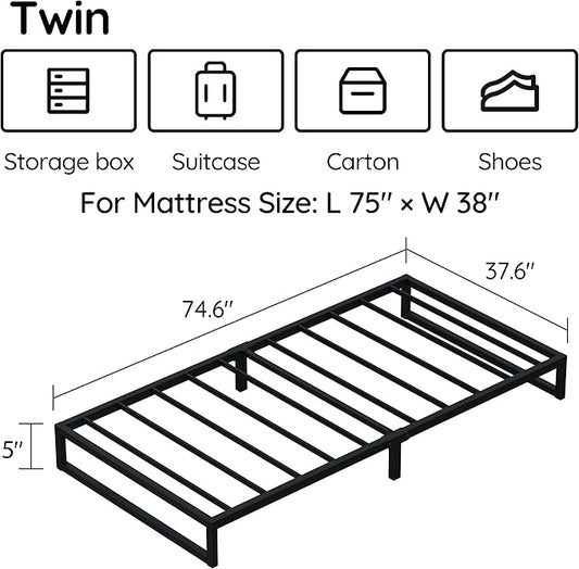 5 Inch Twin Bed Frames, Metal Platform Mattress Foundation with Steel Slat Support, No Box Spring Needed, Easy Assembly, Black