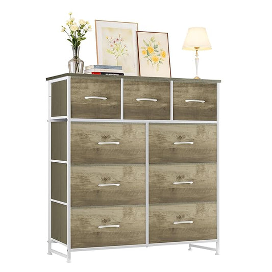 Dresser with 9 Drawers for Bedroom, Fabric Clothes Cabinet for Closet, Anti-Tip Storage Dresser with Metal Frame for Living Room, Entryway, Dorm, Greige Oak