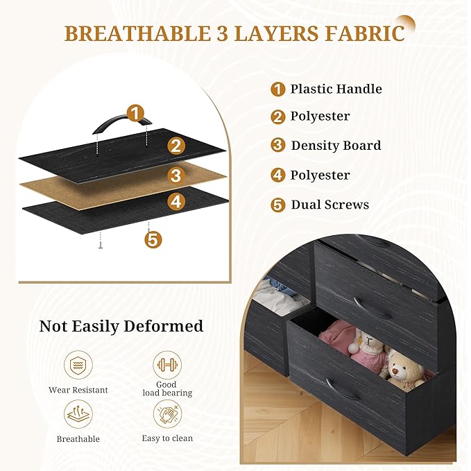 Dresser with 9 Drawers for Bedroom, Fabric Clothes Cabinet for Closet, Anti-Tip Storage Dresser with Metal Frame for Living Room, Entryway, Dorm, Charcoal Black