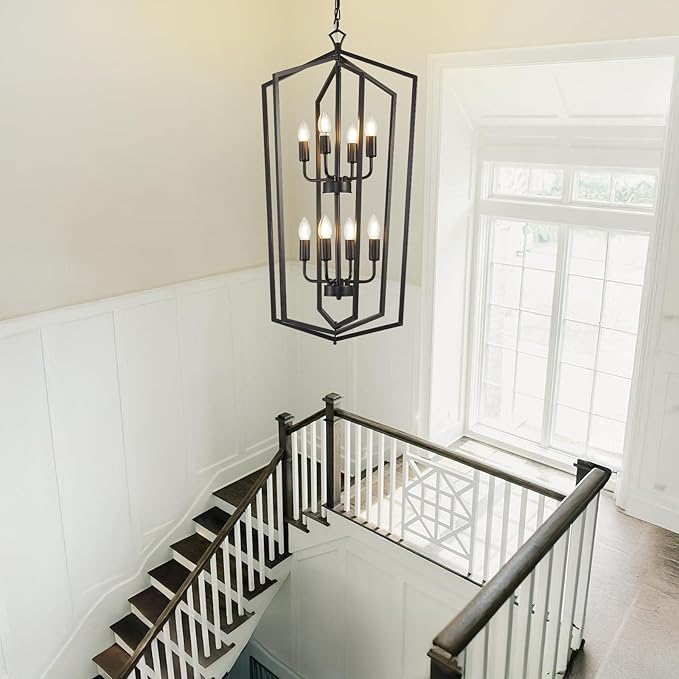WJShome Black Chandelier, 8-Light Tiered Lantern Pendant Light, Modern Farmhouse Foyer Lighting Fixtures, Large Chandeliers for High Ceilings, for Foyer, Staircase, Entryway