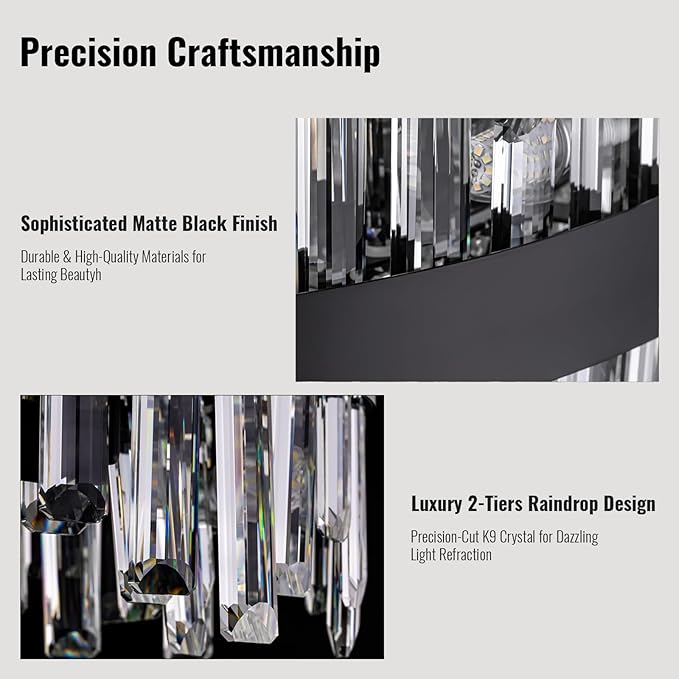 CROSSIO Modern Crystal Chandelier 16-Light Black Round 2 Tiers Raindrop Chandelier for Dining Room Luxury Large Flush Mount Ceiling Light for Living Room Entryway Foyer Bedroom D31.5''
