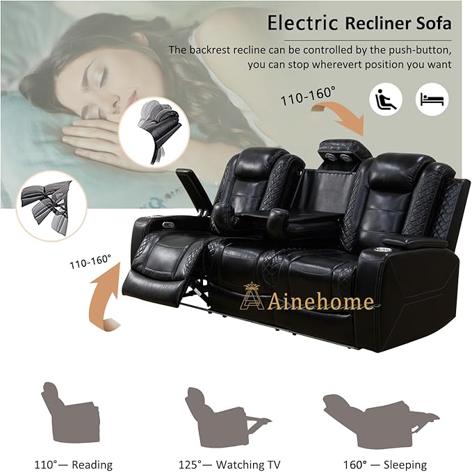 A Ainehome Power Leather Recliner Sofa Set, Recliner Sofa Sectional Couches for Living Room, Reclining Sofa, loveseat, Chair with Storage Console/Cup Holders(Black,Sofa)