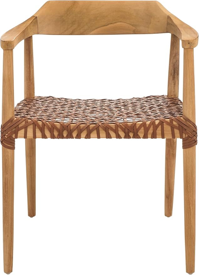 SAFAVIEH Home Collection Munro Natural Teak Wood/Light Honey Leather Woven Accent Chair (Fully Assembled)