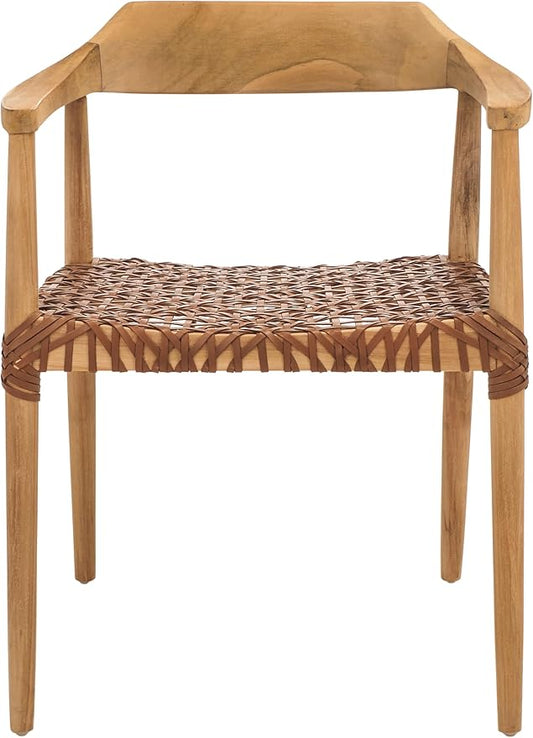 SAFAVIEH Home Collection Munro Natural Teak Wood/Light Honey Leather Woven Accent Chair (Fully Assembled)