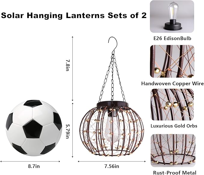 Hanging Solar Lanterns Outdoor Waterproof, Vintage Copper Hanging Lights, Solar Chandelier for Yard Garden Gazebo Pergola Porch Decor, 2 Pack