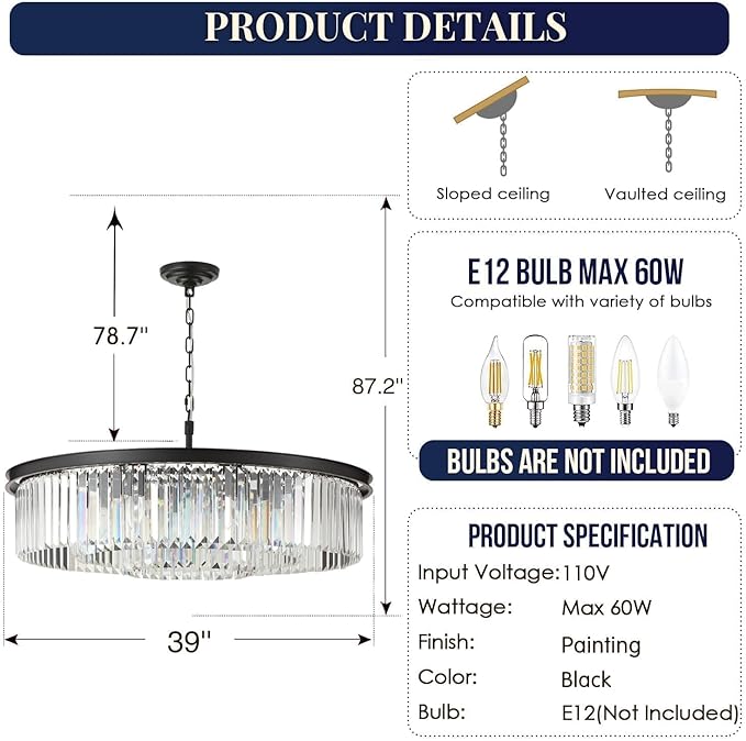 Crystal Chandeliers 18-Light, Metal Ceiling Light Fixture Adjustable Height, 39 Inch Modern Luxury Hanging/Chandelier for Living Room Dining Room Kitchen Hallway Foyer, Black