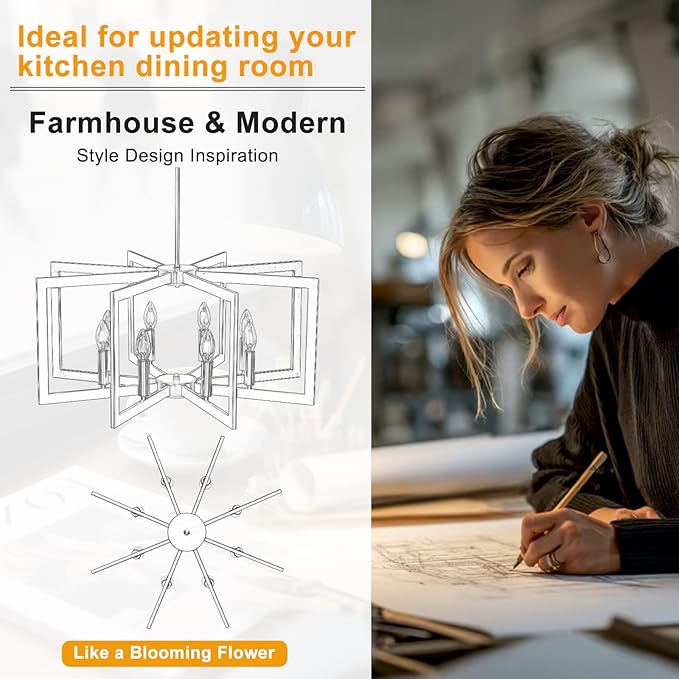 27.6" Chandelier for Dining Room, 8-Light Wood Grain Farmhouse Dining Room Light Fixture Over Table, Industrial Hanging Pendant Lights Fixture for Kitchen Island, Living Room, Foyer, Entryway
