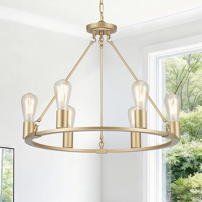 6-Lights Gold Chandelier | Dia 24'' Farmhouse Wagon Wheel Chandelier | Rustic Hanging Dining Room Light Fixture | Apply to Living Room | Kitchen Island | Entryway | Foyer