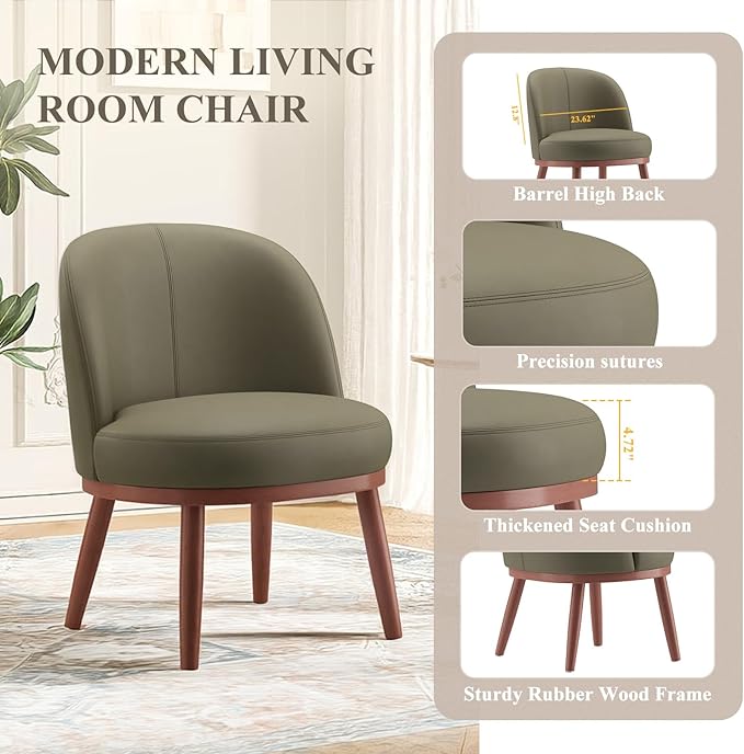 Accent Chair Set of 1, PU Leather Mid-Century Modern Chair for Small Space, Comfy Upholstered Armless Chair, for Living Room, Bedroom, Olive Green