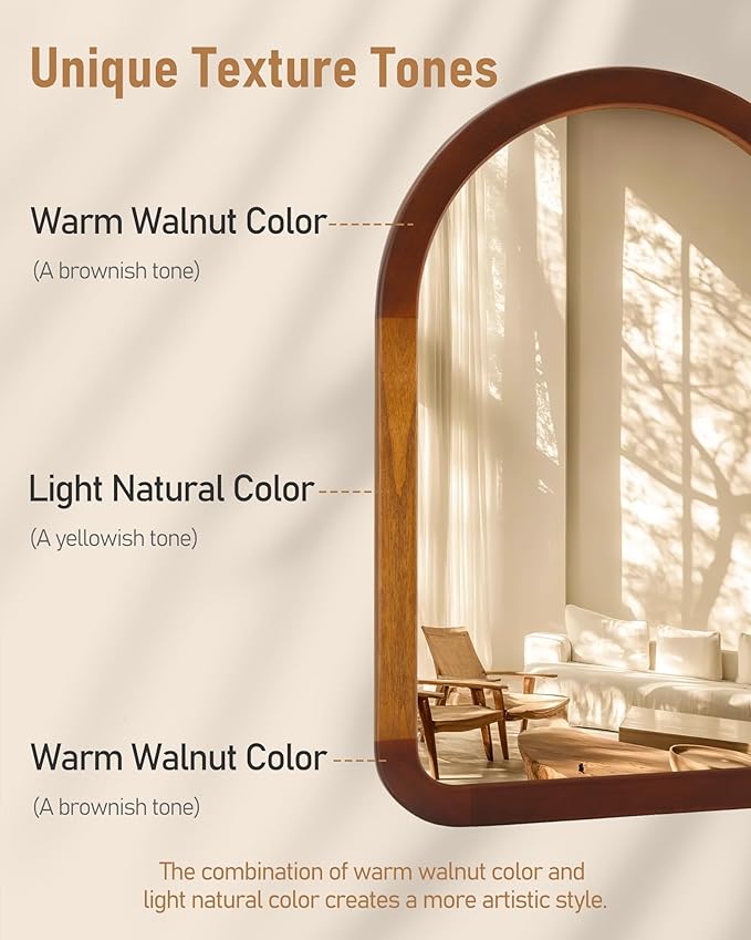 Arched Mirror 24 x 36 Inch,Brown Wood Rustic Bathroom Tempered Wall Mirror with Wood Frame,Round Corner Arch Farmhouse Wooden Vanity Mirror for Living Room,Entryway or Bedroom（Walnut Brown）