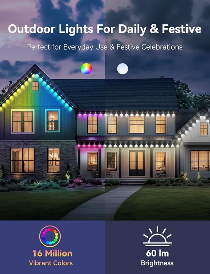 Permanent Outdoor Lights for House, RGB+IC IP67 Waterproof Smart Eave Lights 150ft with 108 LED, Eternity Lighting for Holiday Daily Decor, Work with Remote, APP