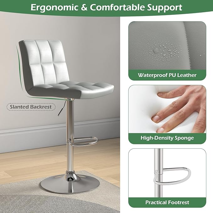 COSTWAY Adjustable Bar Stools Set of 2, Modern Swivel PU Leather Bar Chair with Backrest, Soft Cushioned Seat, Footrest, Sturdy Metal Frame, Comfortable Barstools for Kitchen Island, Pub, Grey