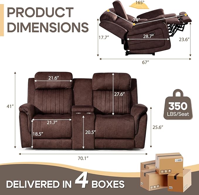 Zero Gravity Power Reclining Loveseat Sofa with Adjustable Headrests, Power Loveseat Recliner with Console, Electric 2-Seater Recliner Couch with Charging Port for Living Room (Velvet, Brown)